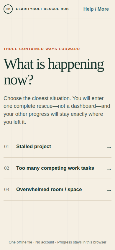 ClarityBolt Rescue Hub real mobile-width product screen