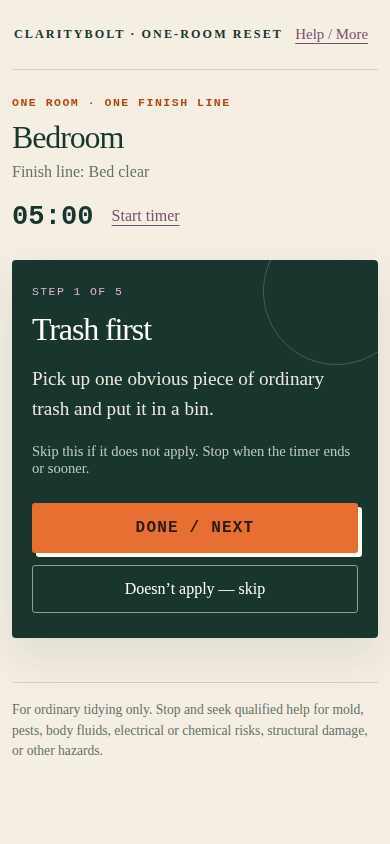 One-Room Reset real mobile-width product screen